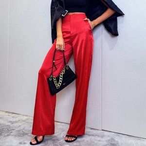RED High Waist Satin Pants